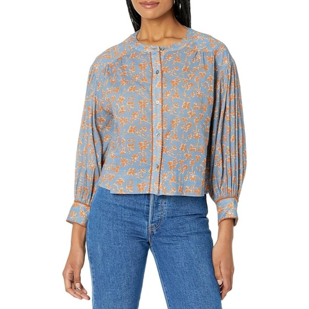Joie‎ Blaine Floral Button-Down Blouse Small Blue Crochet Trim Prairie Bohemian